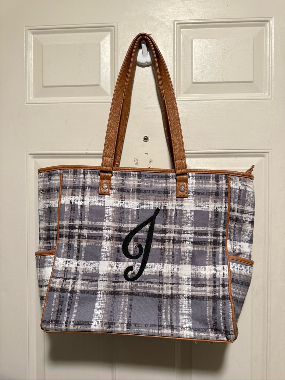 “J” Monogrammed Gray Plaid Tote with Tan Trim
